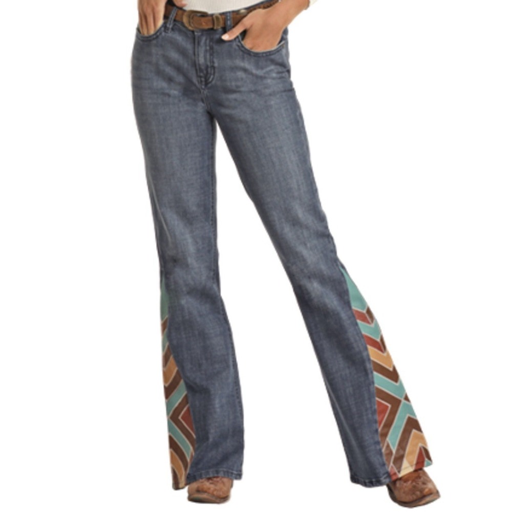 Women's Flare Jeans with Multicolor Chevron Design - Picture 2 of 16